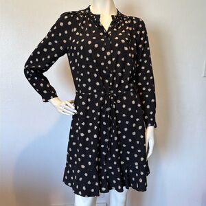 Rebecca Taylor Black Dandelion Printed Silk Shirt Dress Mock Neck Sz 6 Polka Dot